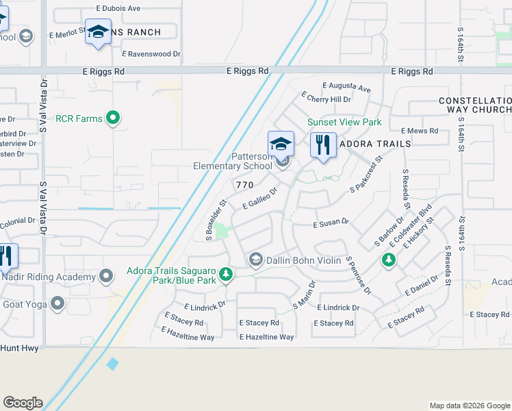 map of restaurants, bars, coffee shops, grocery stores, and more near 2186 East Everglade Lane in Gilbert
