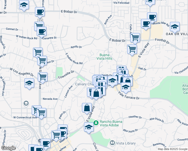 map of restaurants, bars, coffee shops, grocery stores, and more near 828 Newport Drive in Vista