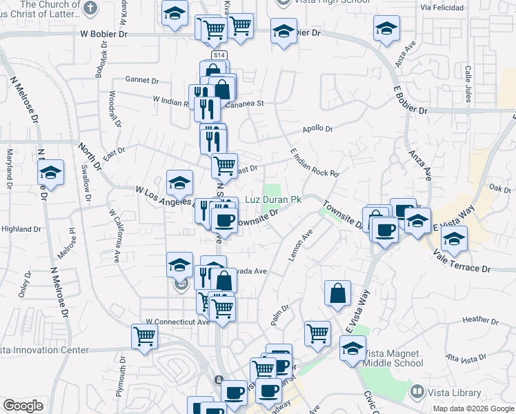 map of restaurants, bars, coffee shops, grocery stores, and more near 210 Townsite Drive in Vista