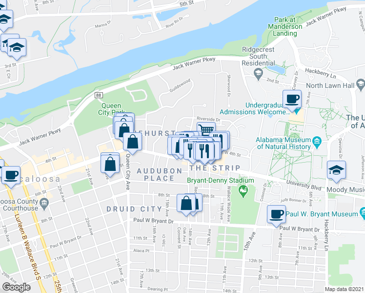 map of restaurants, bars, coffee shops, grocery stores, and more near 1400 University Boulevard in Tuscaloosa