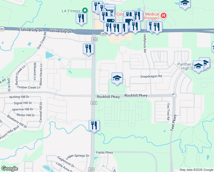 map of restaurants, bars, coffee shops, grocery stores, and more near 1333 Reese River Road in Lakewood Village