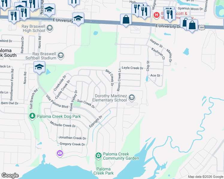 map of restaurants, bars, coffee shops, grocery stores, and more near Bird Creek Drive in Little Elm