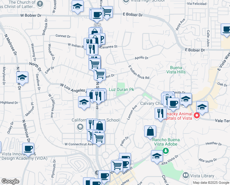 map of restaurants, bars, coffee shops, grocery stores, and more near 900 North Citrus Avenue in Vista