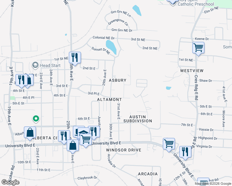 map of restaurants, bars, coffee shops, grocery stores, and more near 3016 3rd Pl E in Tuscaloosa