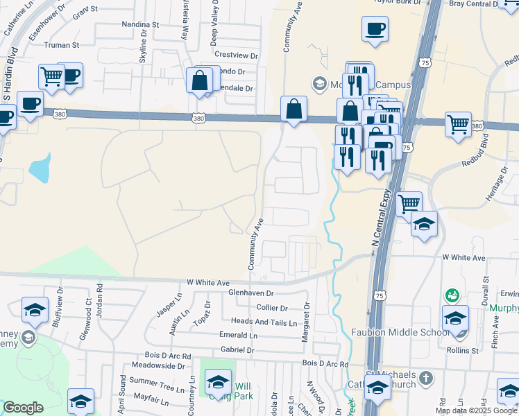 map of restaurants, bars, coffee shops, grocery stores, and more near 1461 Community Avenue in McKinney