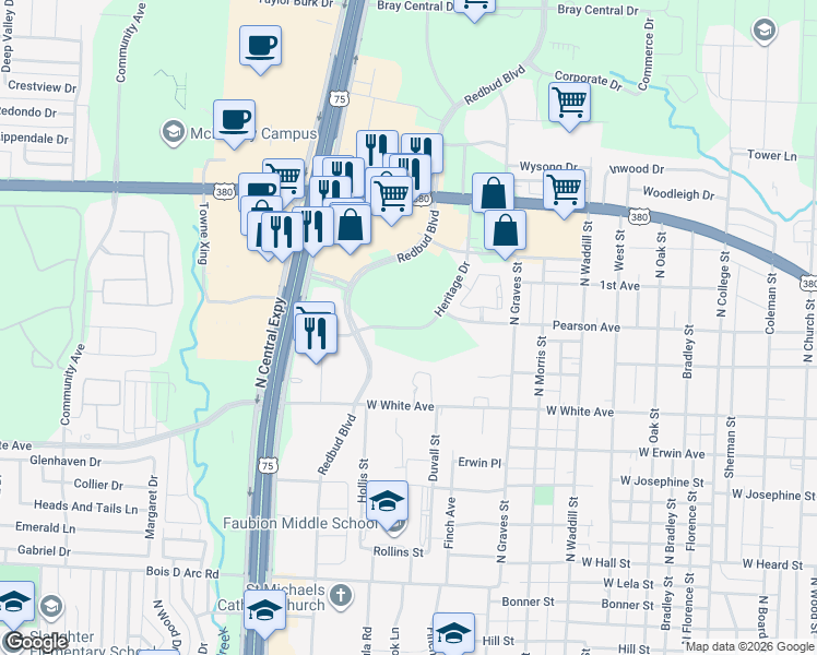 map of restaurants, bars, coffee shops, grocery stores, and more near 1531 Heritage Drive in McKinney