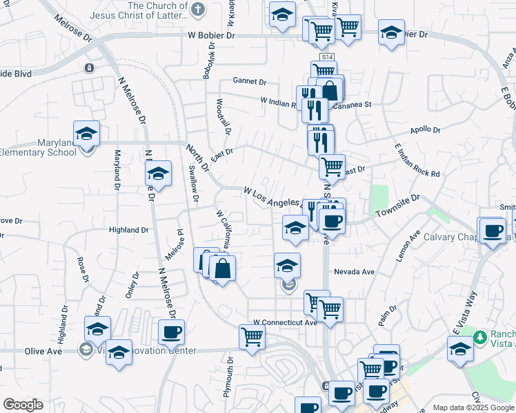 map of restaurants, bars, coffee shops, grocery stores, and more near 300 West Los Angeles Drive in Vista