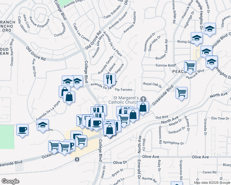 map of restaurants, bars, coffee shops, grocery stores, and more near 4221 Via Tercero in Oceanside