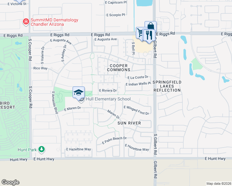 map of restaurants, bars, coffee shops, grocery stores, and more near 2653 East Riviera Drive in Chandler