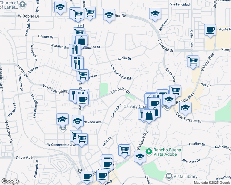 map of restaurants, bars, coffee shops, grocery stores, and more near 409 Townsite Drive in Vista