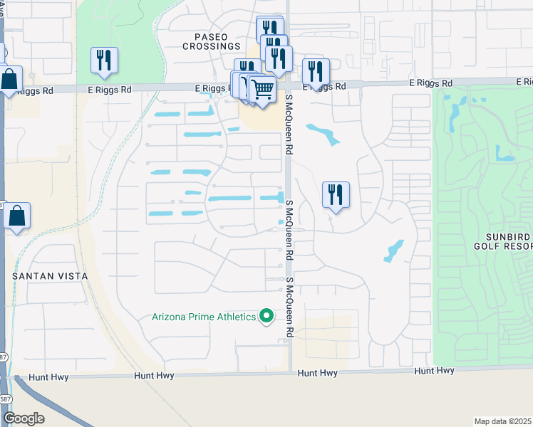 map of restaurants, bars, coffee shops, grocery stores, and more near 958 East Indian Wells Place in Chandler