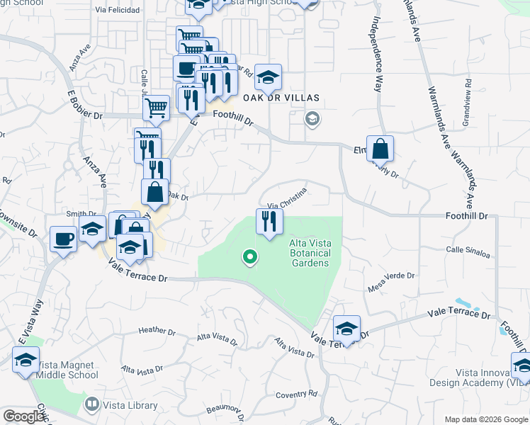 map of restaurants, bars, coffee shops, grocery stores, and more near 1345 Via Christina in Vista