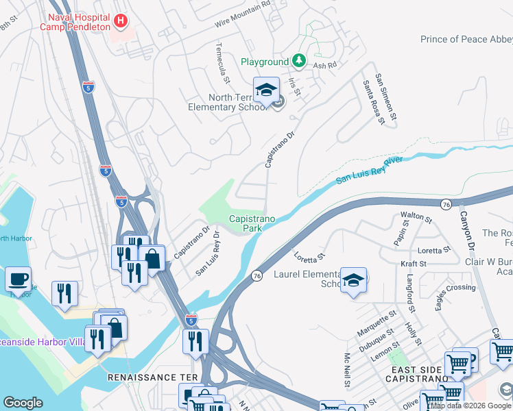 map of restaurants, bars, coffee shops, grocery stores, and more near 1506 San Jose Street in Oceanside