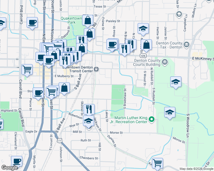 map of restaurants, bars, coffee shops, grocery stores, and more near in Denton