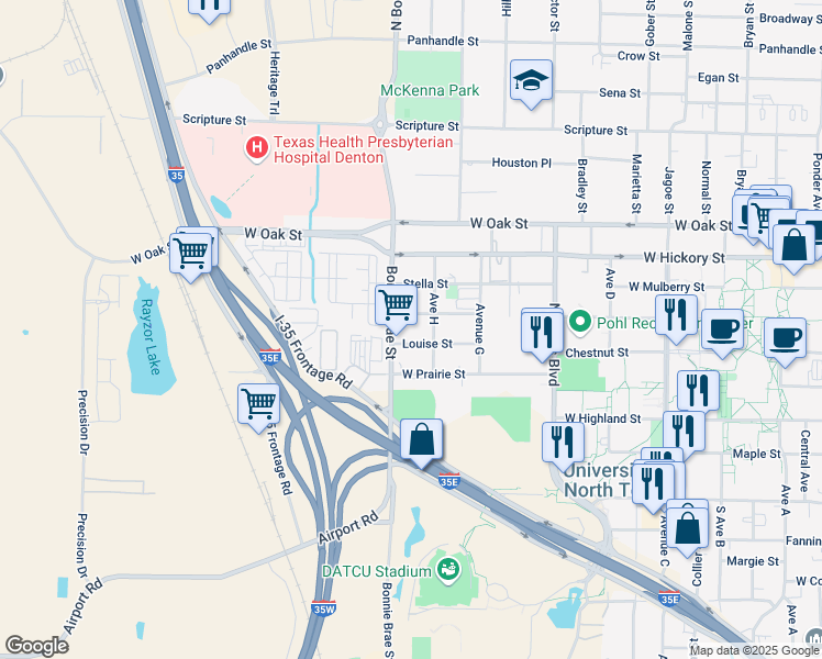 map of restaurants, bars, coffee shops, grocery stores, and more near 2532 Charlotte Street in Denton