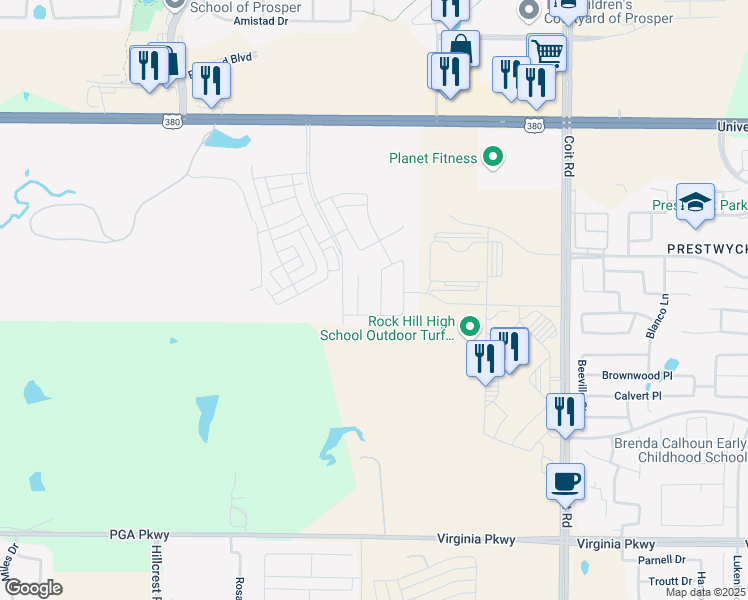 map of restaurants, bars, coffee shops, grocery stores, and more near 2111 East University Drive in Prosper