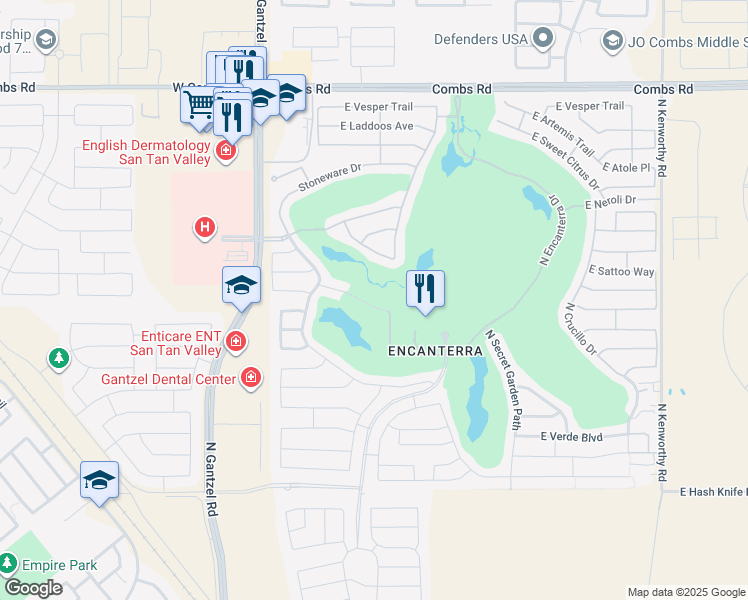 map of restaurants, bars, coffee shops, grocery stores, and more near 566 East Peachtree Boulevard in Queen Creek