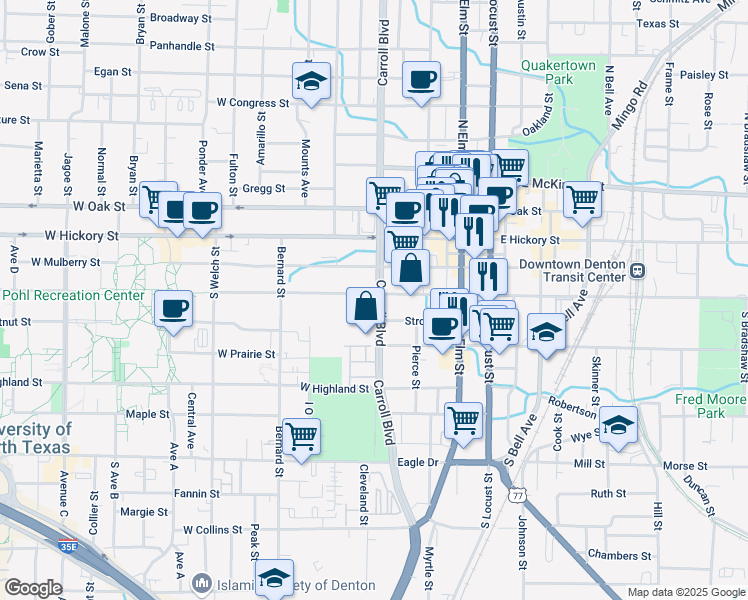 map of restaurants, bars, coffee shops, grocery stores, and more near 503 West Sycamore Street in Denton
