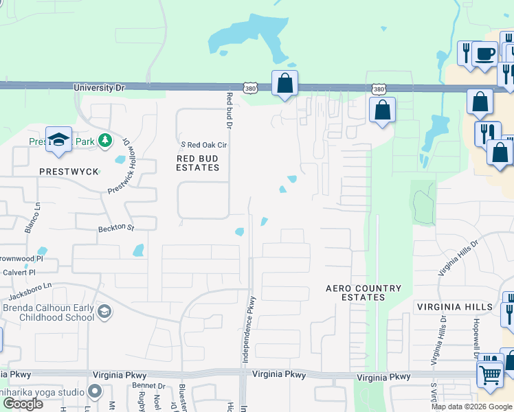 map of restaurants, bars, coffee shops, grocery stores, and more near 16340 Redbud Drive in McKinney