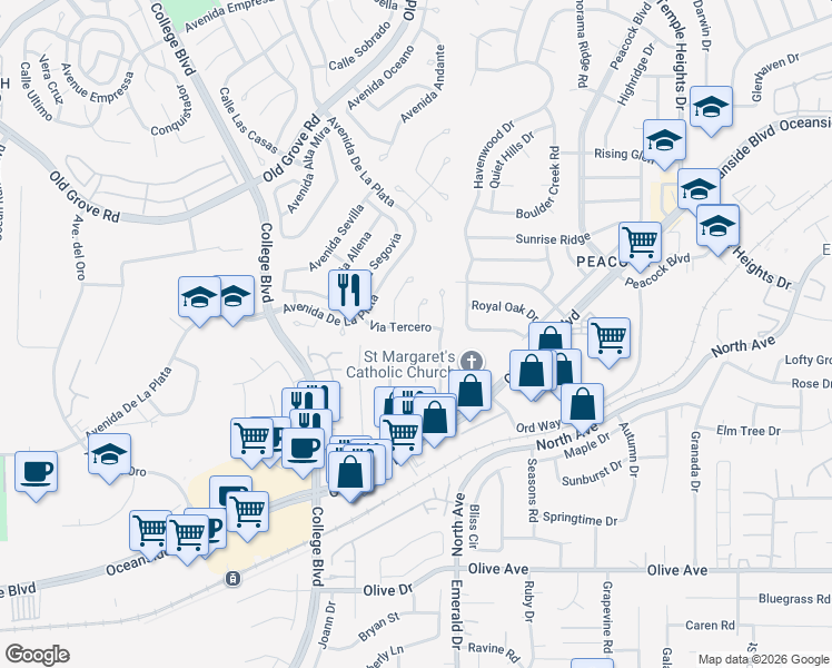 map of restaurants, bars, coffee shops, grocery stores, and more near 4325 Via Tercero in Oceanside