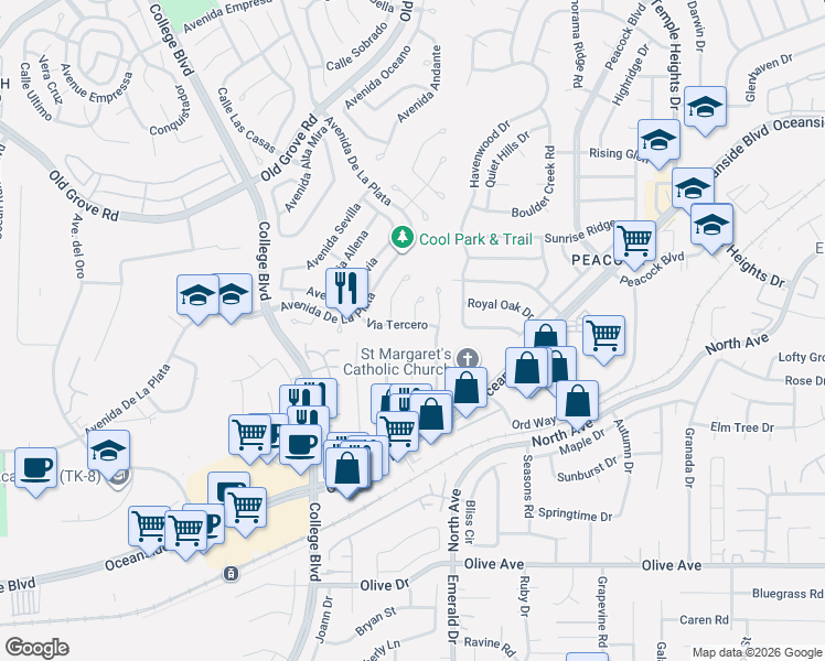 map of restaurants, bars, coffee shops, grocery stores, and more near 4325 Via Tercero in Oceanside