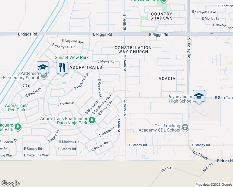 map of restaurants, bars, coffee shops, grocery stores, and more near 7545 South Roanoke Street in Gilbert