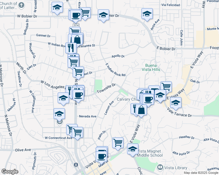 map of restaurants, bars, coffee shops, grocery stores, and more near 1010 Rhea Place in Vista