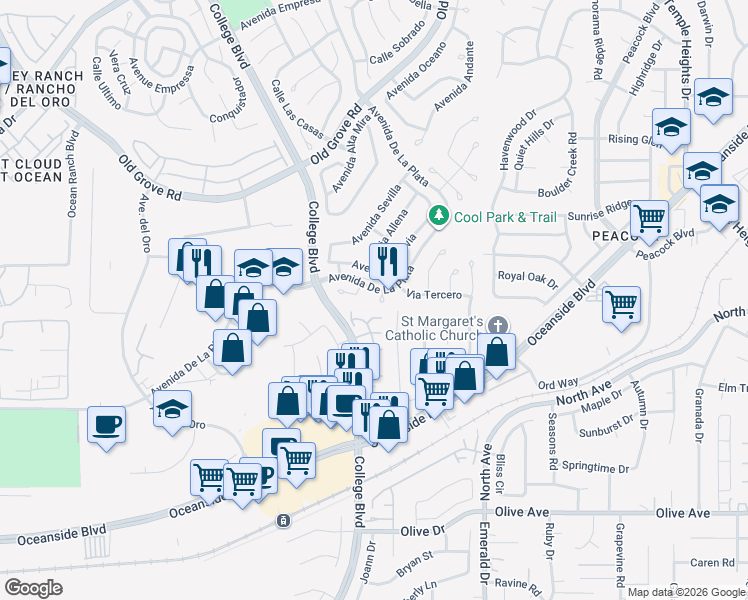 map of restaurants, bars, coffee shops, grocery stores, and more near 1849 Via Primero in Oceanside