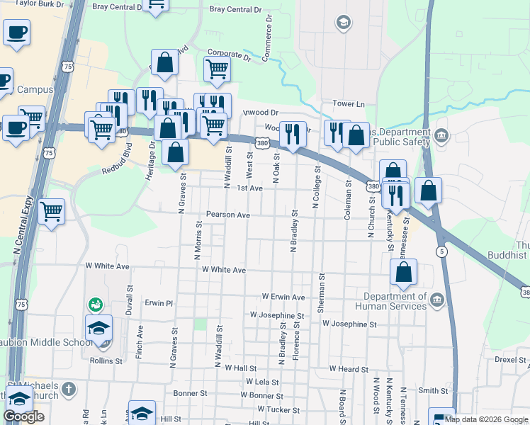 map of restaurants, bars, coffee shops, grocery stores, and more near 1607 Byrne Street in McKinney