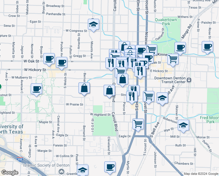 map of restaurants, bars, coffee shops, grocery stores, and more near 604 West Sycamore Street in Denton