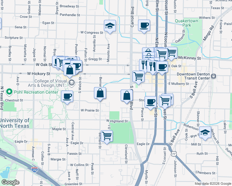 map of restaurants, bars, coffee shops, grocery stores, and more near 716 West Sycamore Street in Denton