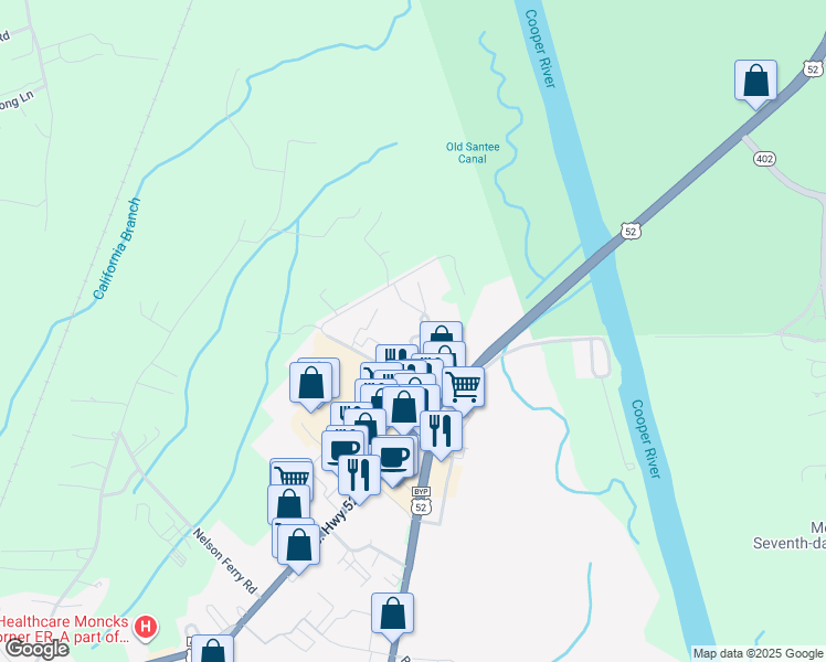 map of restaurants, bars, coffee shops, grocery stores, and more near 2604 Hidden Gove Drive in Moncks Corner