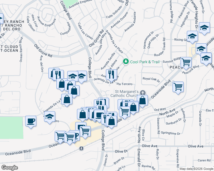 map of restaurants, bars, coffee shops, grocery stores, and more near 1849 Via Primero in Oceanside