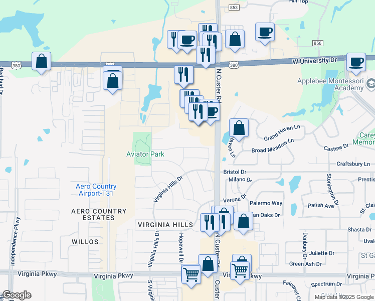 map of restaurants, bars, coffee shops, grocery stores, and more near 9113 Warren Drive in McKinney