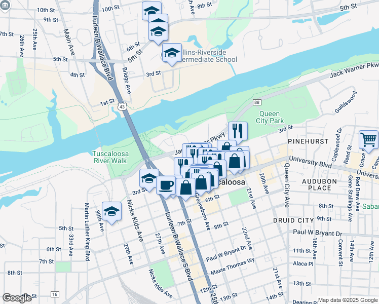 map of restaurants, bars, coffee shops, grocery stores, and more near 2306 Jack Warner Parkway in Tuscaloosa