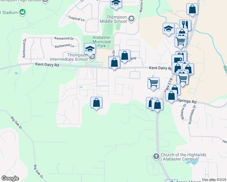map of restaurants, bars, coffee shops, grocery stores, and more near 196 Jasmine Drive in Alabaster