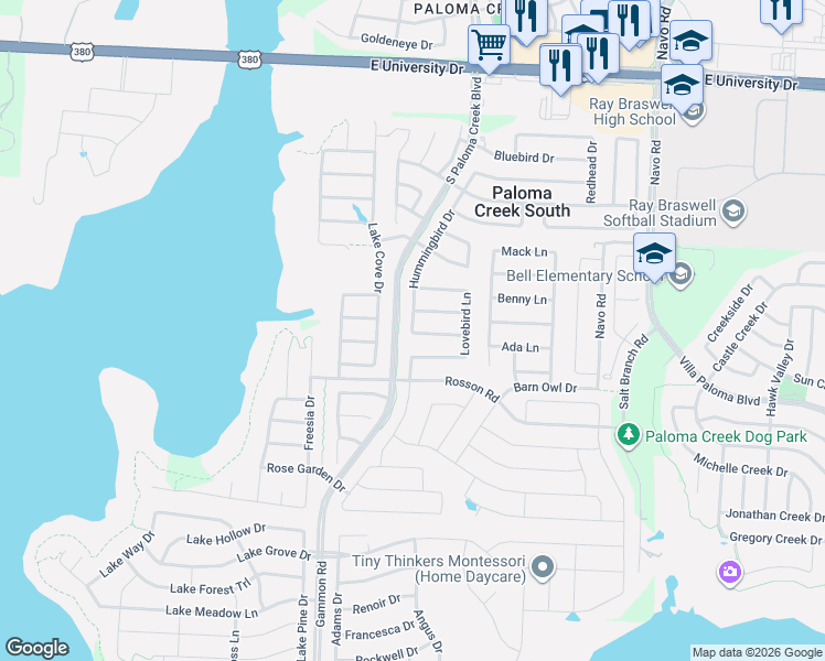 map of restaurants, bars, coffee shops, grocery stores, and more near 1412 Cedarbird Drive in Little Elm