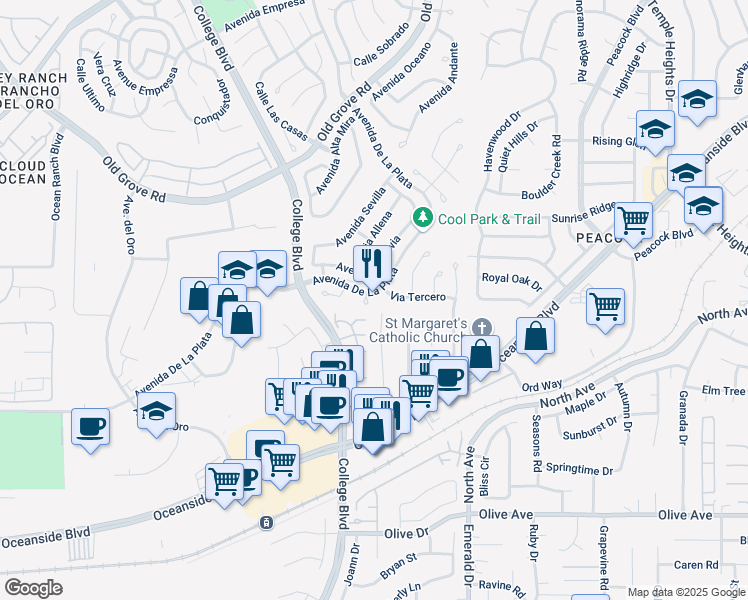 map of restaurants, bars, coffee shops, grocery stores, and more near 1854 Corte Segundo in Oceanside