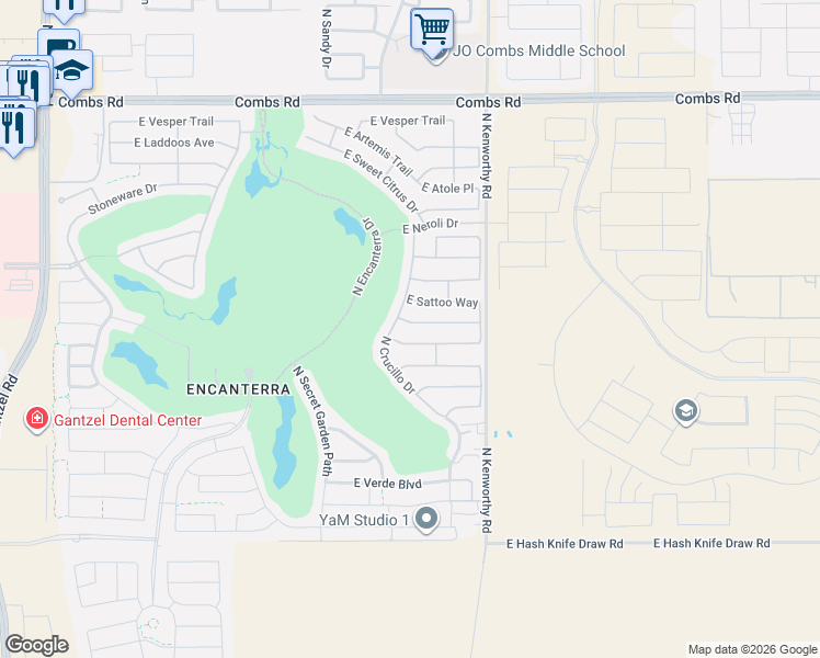 map of restaurants, bars, coffee shops, grocery stores, and more near 1558 East Hesperus Way in San Tan Valley