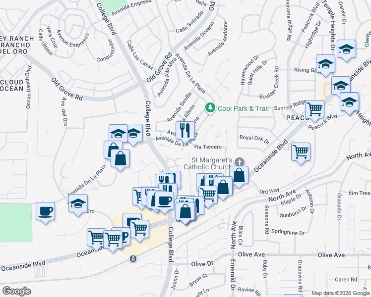 map of restaurants, bars, coffee shops, grocery stores, and more near 1854 Corte Segundo in Oceanside