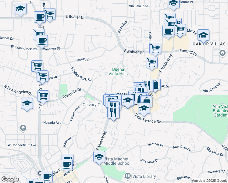 map of restaurants, bars, coffee shops, grocery stores, and more near 822 Smith Drive in Vista