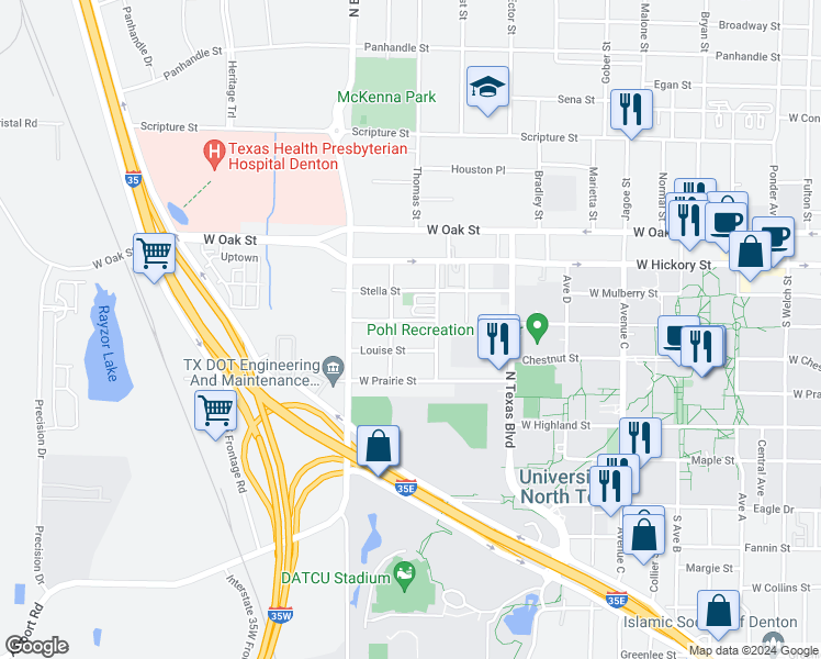 map of restaurants, bars, coffee shops, grocery stores, and more near 2428 Charlotte Street in Denton