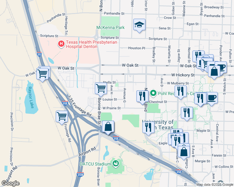 map of restaurants, bars, coffee shops, grocery stores, and more near 2415 Charlotte Street in Denton