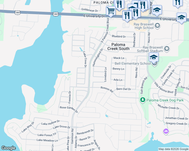 map of restaurants, bars, coffee shops, grocery stores, and more near 1409 Cockatiel Drive in Little Elm