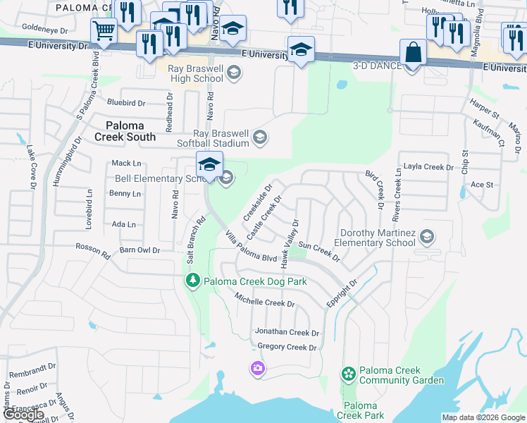 map of restaurants, bars, coffee shops, grocery stores, and more near 705 Creekside Drive in Little Elm