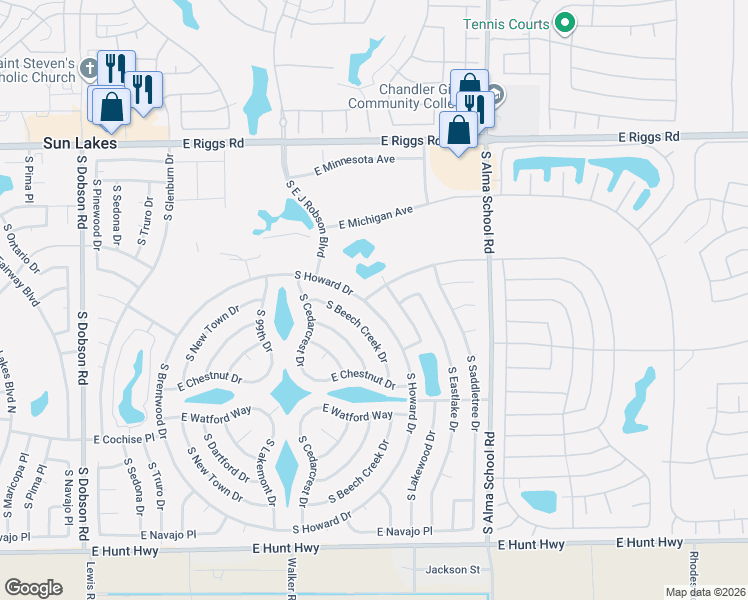 map of restaurants, bars, coffee shops, grocery stores, and more near 25659 South Howard Drive in Sun Lakes
