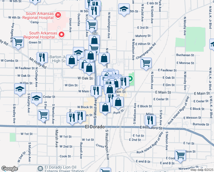 map of restaurants, bars, coffee shops, grocery stores, and more near 200 North Washington Avenue in El Dorado