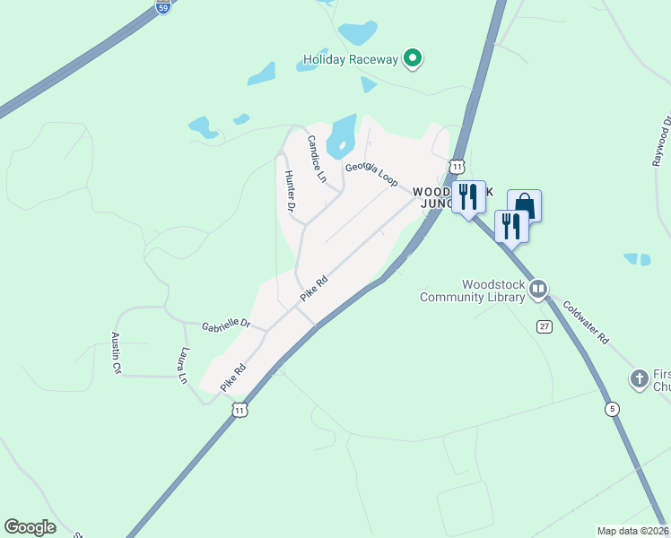 map of restaurants, bars, coffee shops, grocery stores, and more near 51 Pike Road in Woodstock