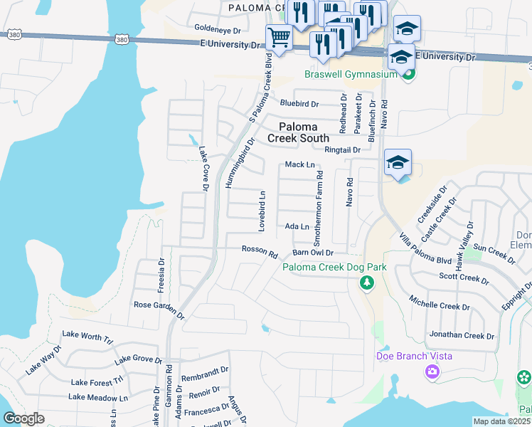 map of restaurants, bars, coffee shops, grocery stores, and more near 813 Lovebird Lane in Little Elm