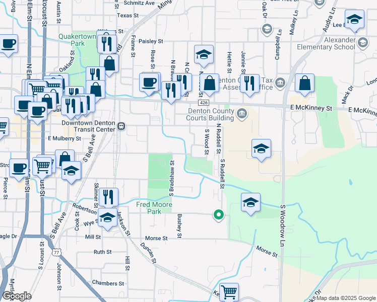 map of restaurants, bars, coffee shops, grocery stores, and more near 308 South Crawford Street in Denton
